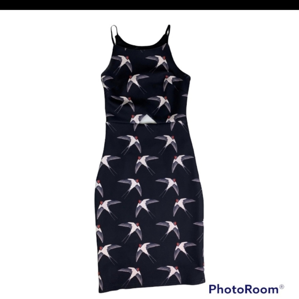 Kira Plastinina Navy Bird Printed Sleeveless Sheath Dress Neoprene Size Small